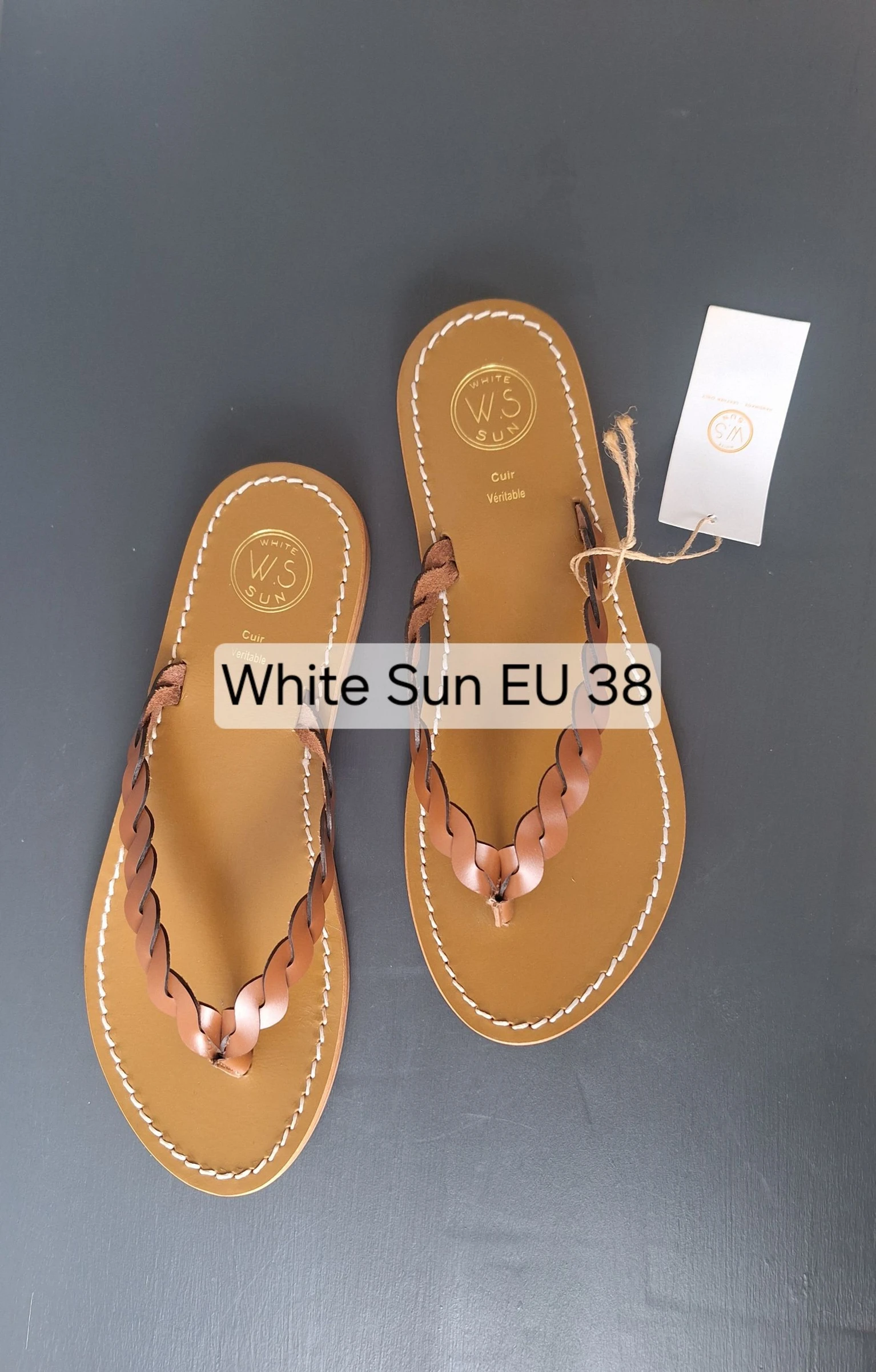 Nieuwe White Sun bruin gevlochten leren slippers maat 38